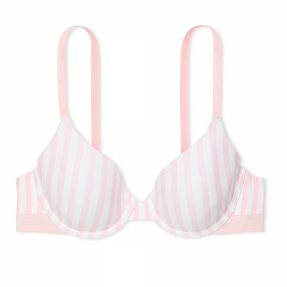 Victoria's Secret Pink White Striped Push-Up Bra 34C 417587-QBQ Logo Straps